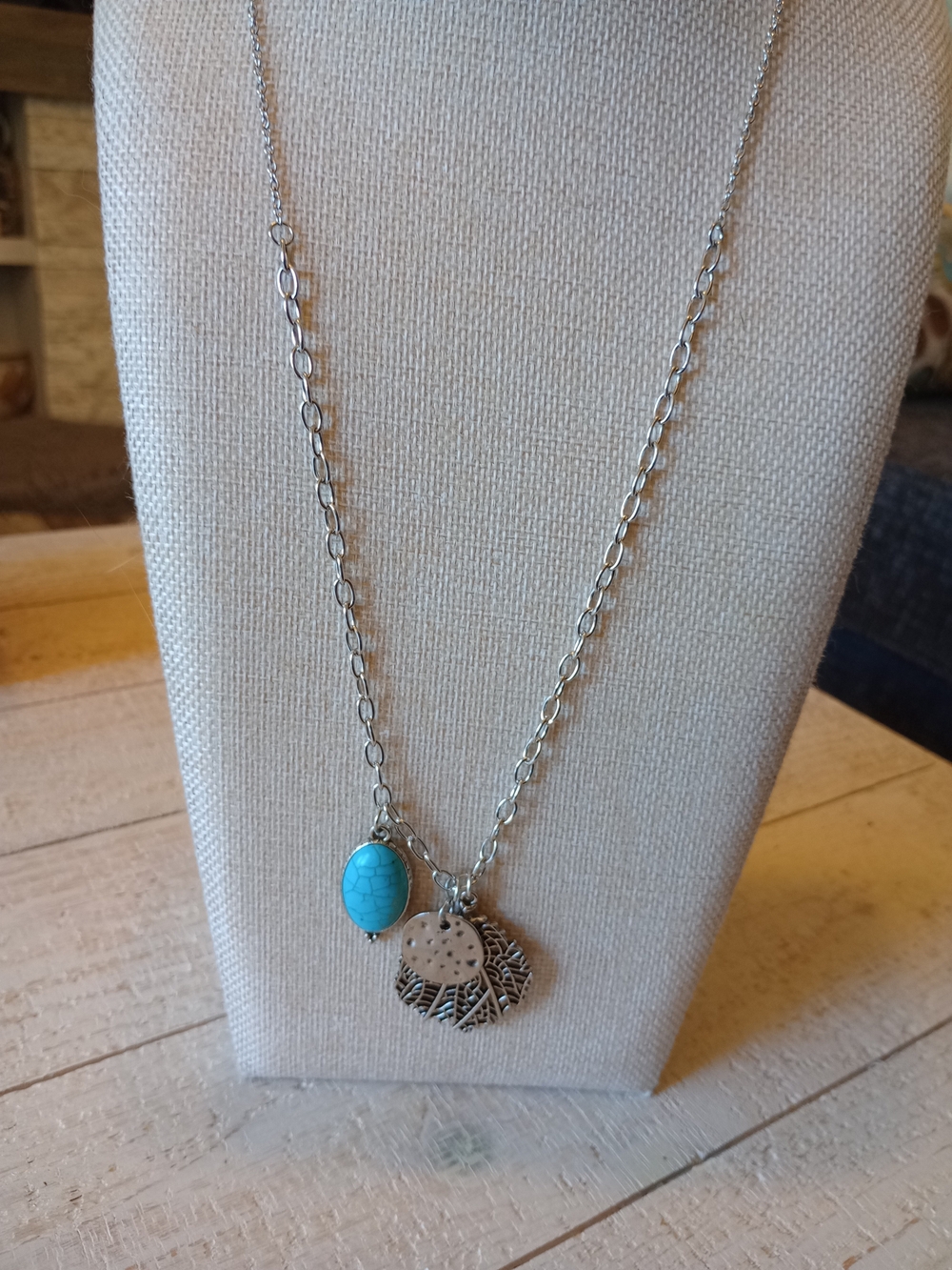paparazzi Silver Necklace with Turquoise Pendant and Filigree Charms